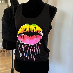 Women’s Black Tank Top with Neon Dripping Lips Graphic